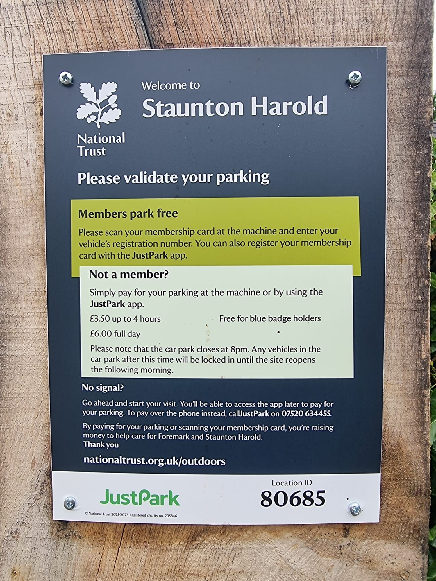 Staunton Harold Carpark fees